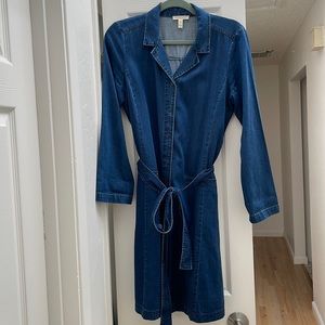Eileen Fisher Denim Dress (Midnight Blue). Button front, sash belt, 2 pockets.